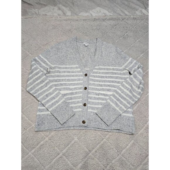 J Crew Womens Gray Striped Button Front Cardigan V Neck Long Sleeve Size XL - Picture 3 of 9